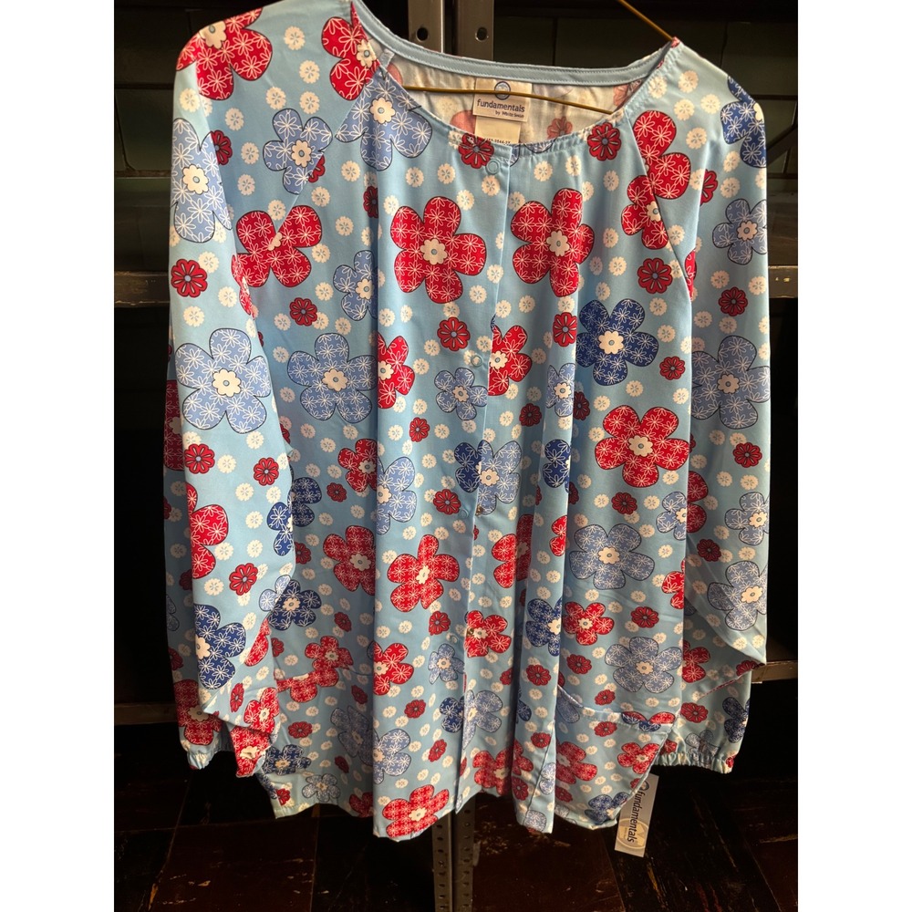 Fundamentals by White Swan Floral Scrub Jacket Blue Red Snap Front 2XL 14153-254